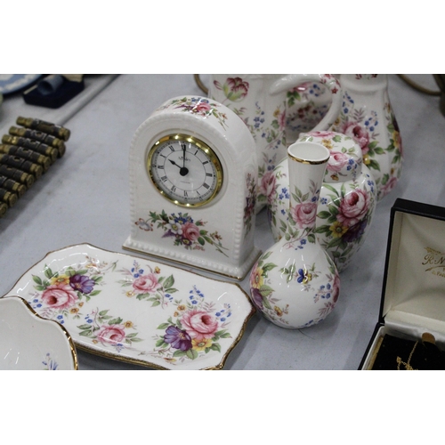 109 - A LARGE QUANTITY OF FENTON CHINA TO INCLUDE A MANTLE CLOCK, SMALL GINHER JAR, BUD VASE, BOWL, JUGS, ... 