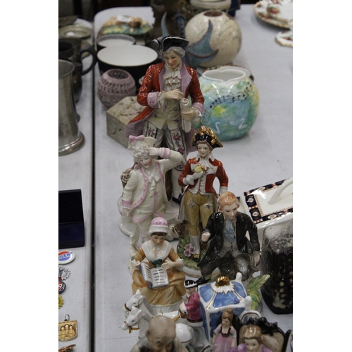 123 - A MIXED LOT TO INCLUDE CONTINENTAL PORCELAIN FIGURES, CHEESE DISH, MOONCRATER VASE, MODEL COTTAGES, ... 