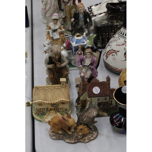 123 - A MIXED LOT TO INCLUDE CONTINENTAL PORCELAIN FIGURES, CHEESE DISH, MOONCRATER VASE, MODEL COTTAGES, ... 