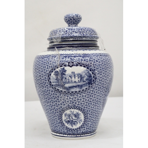 128 - A VINTAGE BLUE AND WHITE LIDDED POT, MARKED 'LOUIS XVI' TO THE BASE, HEIGHT 25CM