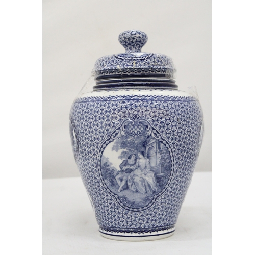 128 - A VINTAGE BLUE AND WHITE LIDDED POT, MARKED 'LOUIS XVI' TO THE BASE, HEIGHT 25CM