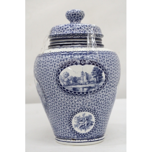 128 - A VINTAGE BLUE AND WHITE LIDDED POT, MARKED 'LOUIS XVI' TO THE BASE, HEIGHT 25CM