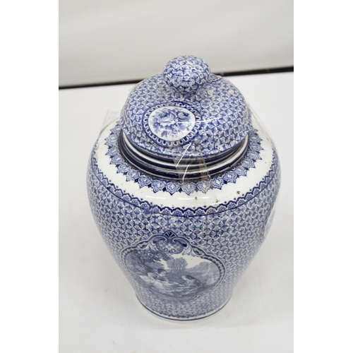 128 - A VINTAGE BLUE AND WHITE LIDDED POT, MARKED 'LOUIS XVI' TO THE BASE, HEIGHT 25CM