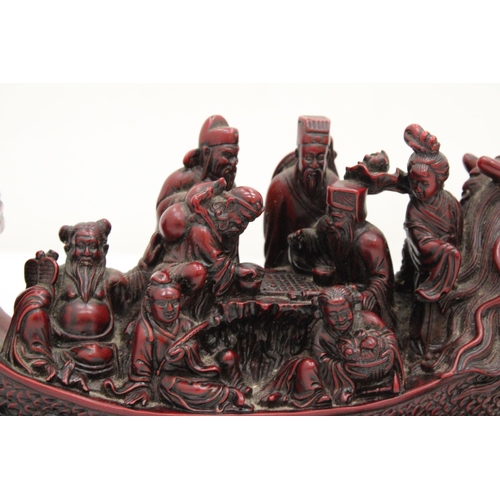 13 - A HEAVY RED RESIN DRAGON SHIP WITH EIGHT MANDARIN MARINERS, 11