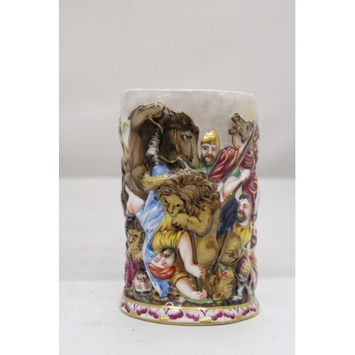 135 - AN ANTIQUE PORCELAIN CAPODIMONTE RELIEF SCENE TANKARD