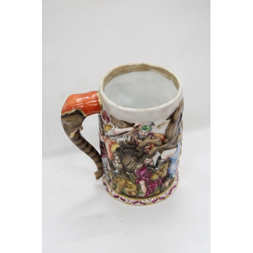 135 - AN ANTIQUE PORCELAIN CAPODIMONTE RELIEF SCENE TANKARD