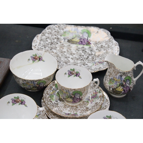 139 - AN ADDERLEY TEASET FEATURING A CRINOLINE LADY IN A PURPLE DRESS (SUGAR BOWL A/F)