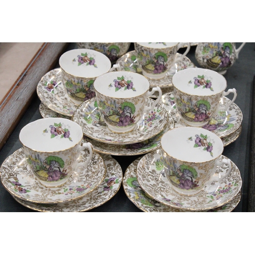 139 - AN ADDERLEY TEASET FEATURING A CRINOLINE LADY IN A PURPLE DRESS (SUGAR BOWL A/F)