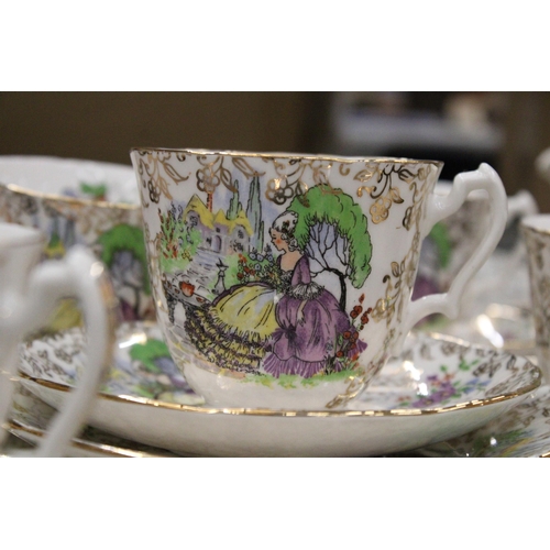 139 - AN ADDERLEY TEASET FEATURING A CRINOLINE LADY IN A PURPLE DRESS (SUGAR BOWL A/F)