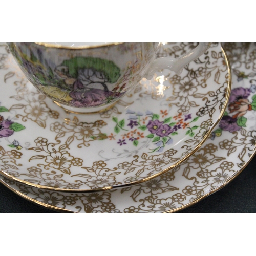 139 - AN ADDERLEY TEASET FEATURING A CRINOLINE LADY IN A PURPLE DRESS (SUGAR BOWL A/F)