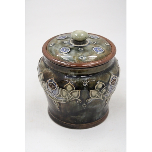 24 - A DOULTON LAMBETH BARREL SHAPE STONEWARE TOBACCO JAR AND COVER WITH RELIEF DECORATION