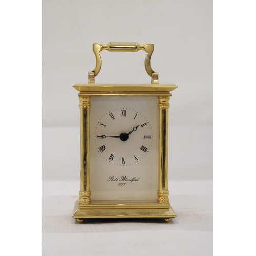 31 - A 20TH CENTURY BRASS CASED CARRIAGE CLOCK WITH ROMAN NUMERIC DIAL MARKED ROBERT BLANDFORD 1873 WITH ... 