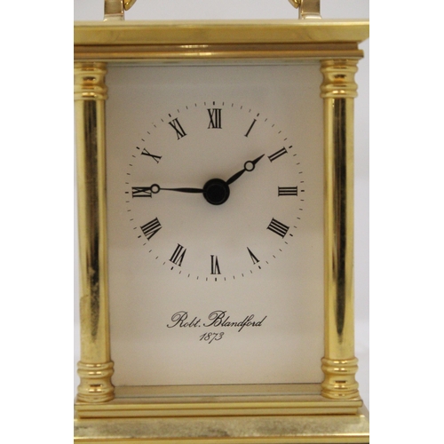 31 - A 20TH CENTURY BRASS CASED CARRIAGE CLOCK WITH ROMAN NUMERIC DIAL MARKED ROBERT BLANDFORD 1873 WITH ... 