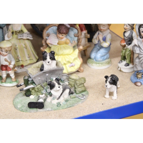 379 - A QUANTITY OF CERAMIC AND RESIN FIGURES TO INCLUDE CONTINENTAL STYLE, COLLIE DOGS, BIRDS, ETC