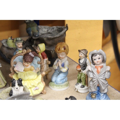 379 - A QUANTITY OF CERAMIC AND RESIN FIGURES TO INCLUDE CONTINENTAL STYLE, COLLIE DOGS, BIRDS, ETC