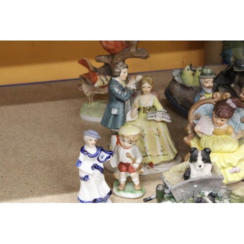 379 - A QUANTITY OF CERAMIC AND RESIN FIGURES TO INCLUDE CONTINENTAL STYLE, COLLIE DOGS, BIRDS, ETC