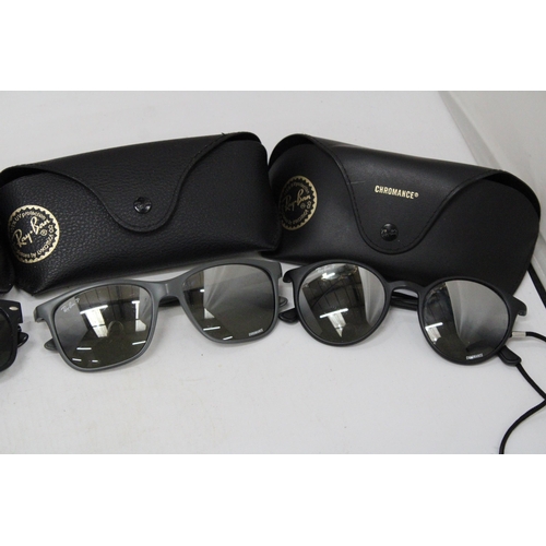 43 - FOUR PAIRS OF CASED SUNGLASSES MARKED RAY-BAN TO INCLUDE POLARISED AND CHROMANCE