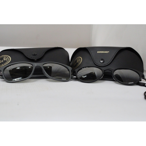 43 - FOUR PAIRS OF CASED SUNGLASSES MARKED RAY-BAN TO INCLUDE POLARISED AND CHROMANCE