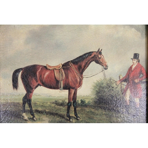 52 - A PRINT ON BOARD OF AN UNMOUNTED HUNTSMAN AND HORSE IN A HEAVY GILT FRAME - FRAMED BY CARVERS AND GI... 