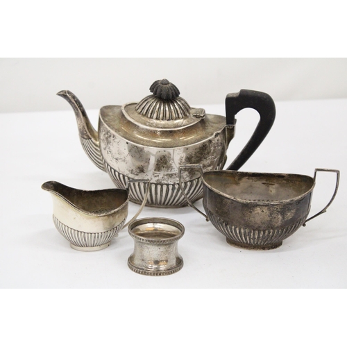 8 - A HALLMARKED BIRMINGHAM SILVER TEAPOT  SUGAR BOWL AND CREAMER STAMPED SWS & CO., TOGETHER WITH A HAL... 