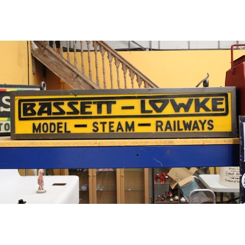 65 - A BASSETT-LOWKE MODEL-STEAM-RAILWAYS DOUBLE SIDED ILLUMINATED SIGN COMPLETE WITH HANGING BRACKET