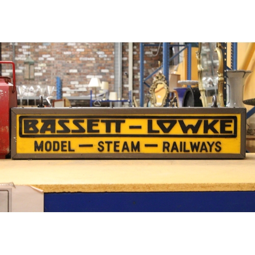 65 - A BASSETT-LOWKE MODEL-STEAM-RAILWAYS DOUBLE SIDED ILLUMINATED SIGN COMPLETE WITH HANGING BRACKET