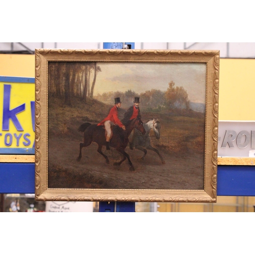 68 - A FRAMED OIL ON CANVAS OF TWO GENTLEMEN ON HORSEBACK - 40 X 32 CM (NOT INCLUDING FRAME)