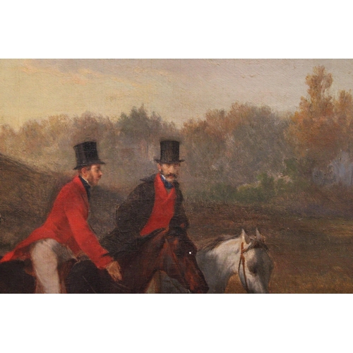 68 - A FRAMED OIL ON CANVAS OF TWO GENTLEMEN ON HORSEBACK - 40 X 32 CM (NOT INCLUDING FRAME)