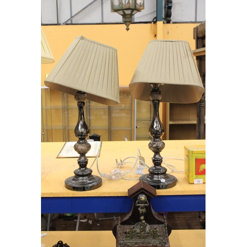 72 - A PAIR OF SATIN NICKEL AND ONYX TABLE LAMPS WITH SATIN SHADES