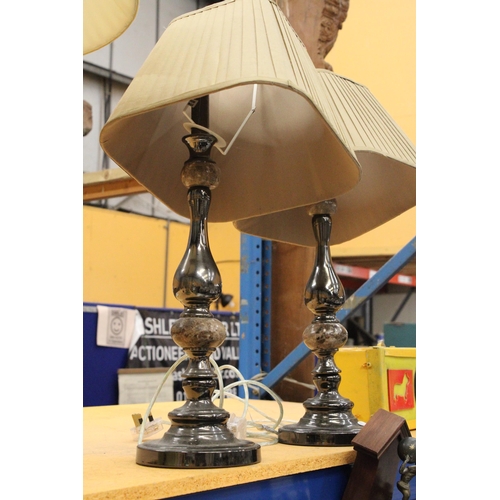 72 - A PAIR OF SATIN NICKEL AND ONYX TABLE LAMPS WITH SATIN SHADES