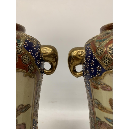 83 - A PAIR OF LARGE JAPANESE SATSUMA VASES WITH GEISHA DETAIL AND ELEPHANT HANDLES