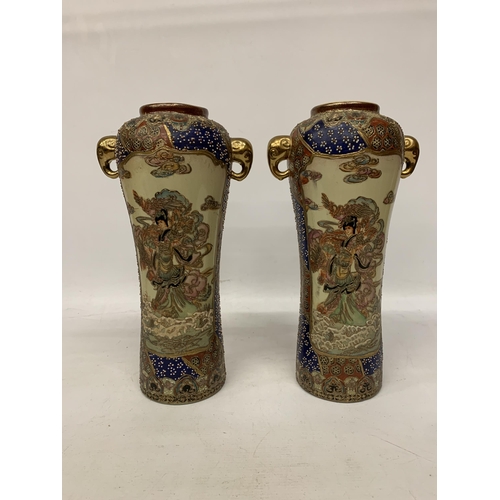 83 - A PAIR OF LARGE JAPANESE SATSUMA VASES WITH GEISHA DETAIL AND ELEPHANT HANDLES