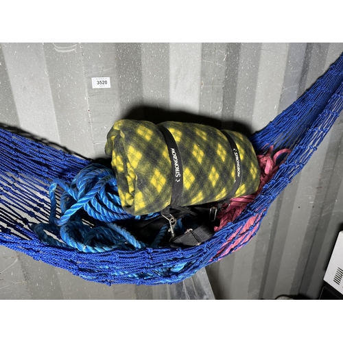 3520 - A NET HAMMOCK, A STRONGBOW BRANDED PICNIC BLANKET AND A QUANTITY OF ROPE ETC