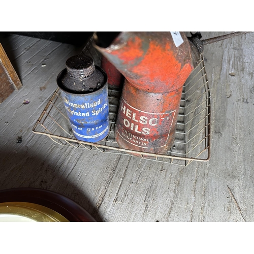 3527 - FOUR VARIOUS VINTAGE OIL JUGS AND CANS TO INCLUDE TO BRANDED THELSON OILS ETC