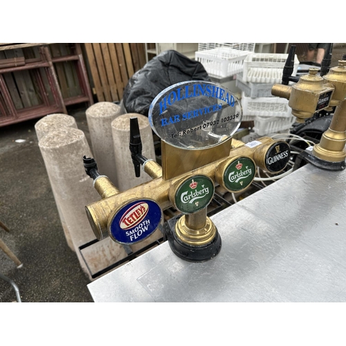 3531 - A BRASS FOUR BRANCH BEER TAP WITH CARLSBERG, TETLEYS AND GUINNESS FRONTS