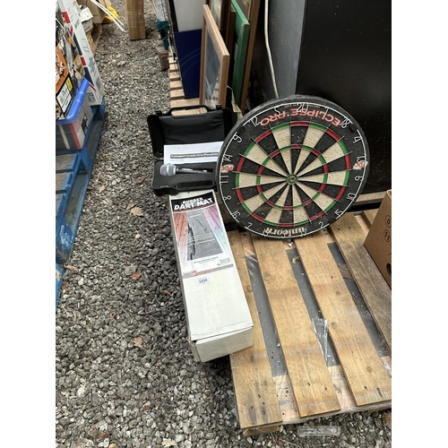 3559 - A UNICORN ECLIPSE PRO DARTBOARD, A RUBBER DART MAT AND A MICROPHONE