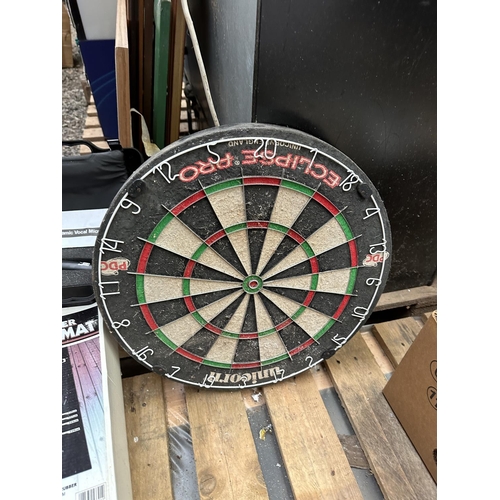 3559 - A UNICORN ECLIPSE PRO DARTBOARD, A RUBBER DART MAT AND A MICROPHONE