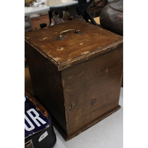 45 - A VINTAGE OAK SPECIMEN CABINET WITH KEY AND BRASS CARRY HANDLE - 30 X 34.5 CM