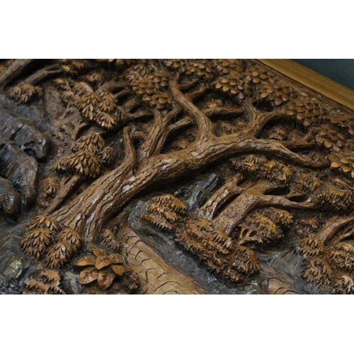 78 - A CARVED BALINESE WOODEN PANEL WITH THREE DIMENSIONAL WORK OF ART - APPROX 142 X 49 CM