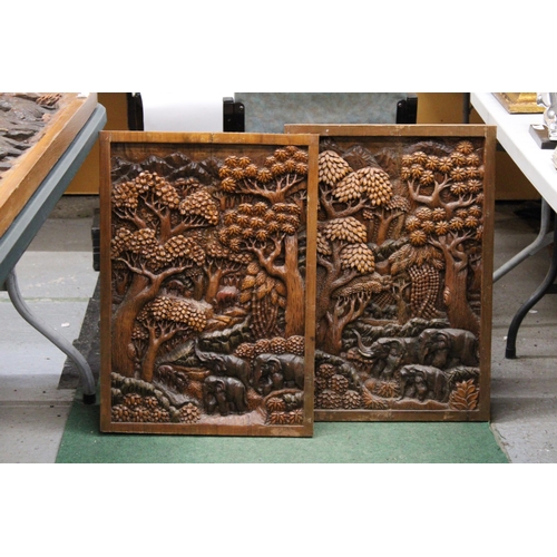 79 - TWO CARVED BALINESE WOODEN PANELS WITH THREE DIMENSIONAL WORK OF ART - APPROX 70 X 49.5 CM