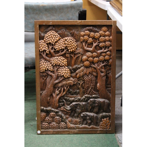 79 - TWO CARVED BALINESE WOODEN PANELS WITH THREE DIMENSIONAL WORK OF ART - APPROX 70 X 49.5 CM