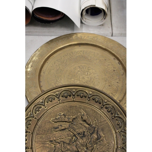 166 - FIVE CHARGER PLATES,  TWO DEPICTING SHIPS, ONE ORIENTAL STYLE, HUNTING SCENE, ETC.,