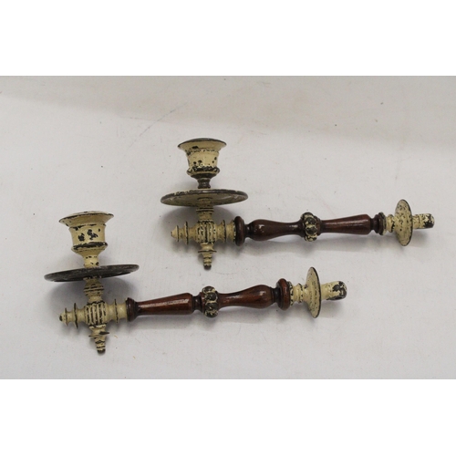 193 - A PAIR OF VINTAGE BRASS AND WOOD WALL CANDLE HOLDER SCONCES