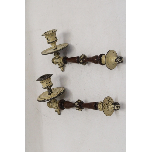 193 - A PAIR OF VINTAGE BRASS AND WOOD WALL CANDLE HOLDER SCONCES