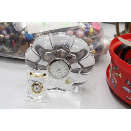 218 - A XAVIER CZECH BOHEMIAM HEAVY CRYSTAL GLASS DESKTOP PAPERWEIGHT CLOCK AND MINIATURE CRYSTAL CARRIAGE... 