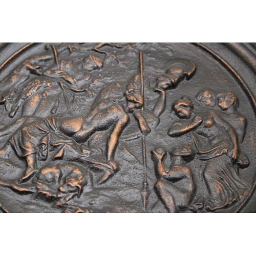 228 - A HEAVY VINTAGE BRONZED MYTHOLOGY PLAQUE, 'THE JUDGEMENT OF PARIS', DIAMETER 31CM