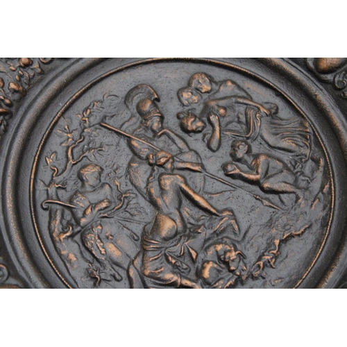 228 - A HEAVY VINTAGE BRONZED MYTHOLOGY PLAQUE, 'THE JUDGEMENT OF PARIS', DIAMETER 31CM