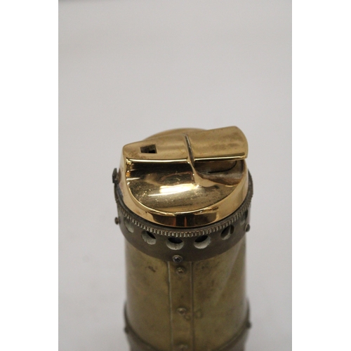 245 - A VINTAGE, E THOMAS AND WILLIAMS, AMBRIAN WORKS BRASS MINERS LIGHTER, HEIGHT 17CM