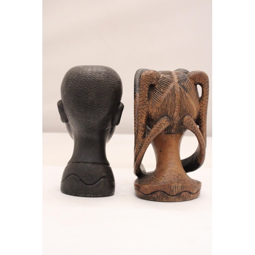 246 - TWO WOODEN AFRICAN HEAD BUSTS, HEIGHTS 17CM