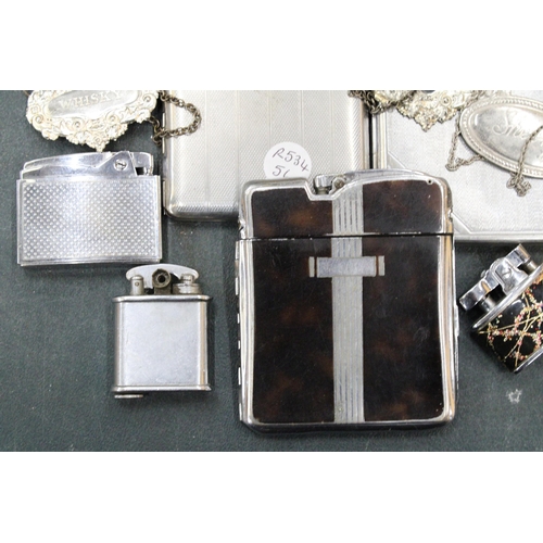 283 - A COLLECTION OF VINTAGE CIGARETTE CASES, LIGHTERS AND DECANTER LABELS